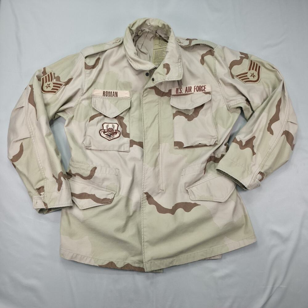 US Air Force DCU Desert Camo Field Jacket 1999 Large Long Patched USAF Vintage